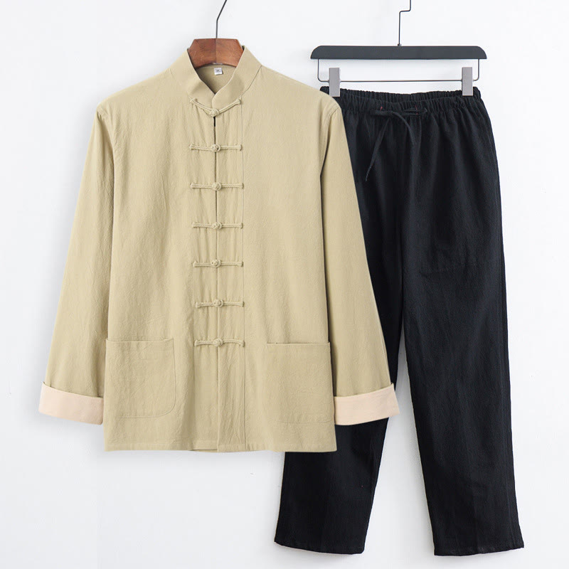 Nimara Ritual 2Pcs Tang Suit Men's Frog-Button Cotton Long Sleeve Shirt Pants Set With Pockets