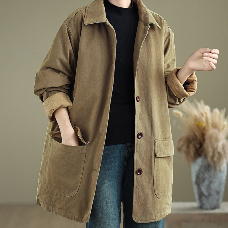 Nimara Ritual Plain Lapel Buttons Design Women's Long Sleeve Quilted Cotton Jacket With Pockets