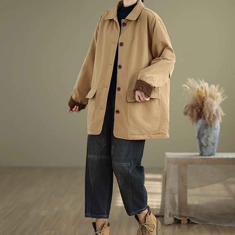 Nimara Ritual Plain Lapel Buttons Design Women's Long Sleeve Quilted Cotton Jacket With Pockets