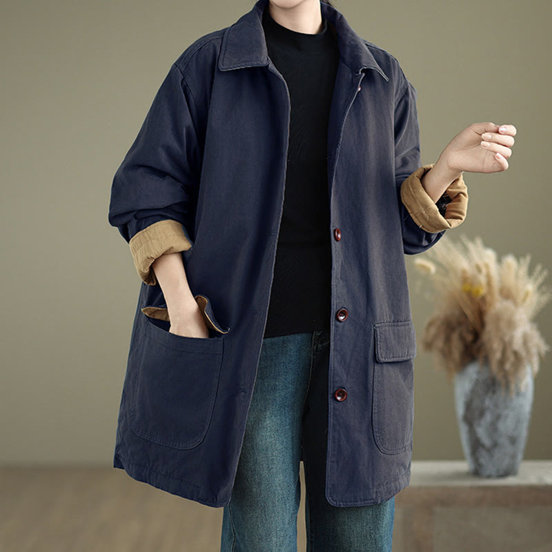 Nimara Ritual Plain Lapel Buttons Design Women's Long Sleeve Quilted Cotton Jacket With Pockets