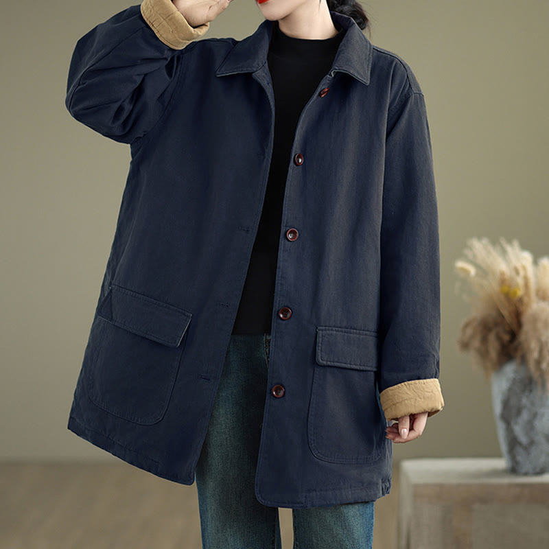 Nimara Ritual Plain Lapel Buttons Design Women's Long Sleeve Quilted Cotton Jacket With Pockets