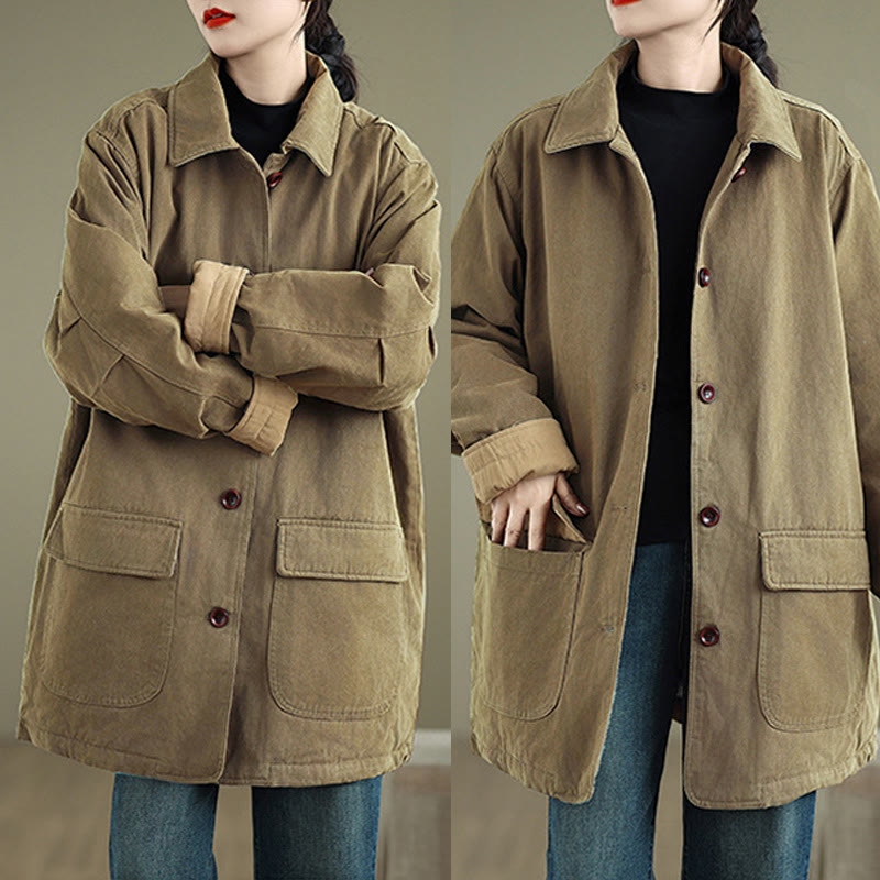 Nimara Ritual Plain Lapel Buttons Design Women's Long Sleeve Quilted Cotton Jacket With Pockets