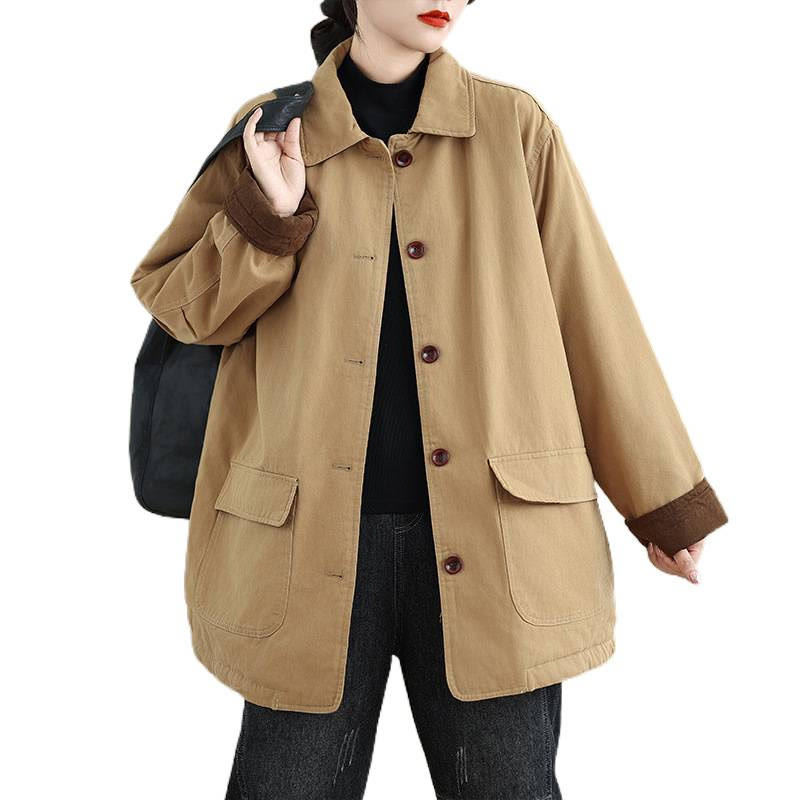Nimara Ritual Plain Lapel Buttons Design Women's Long Sleeve Quilted Cotton Jacket With Pockets