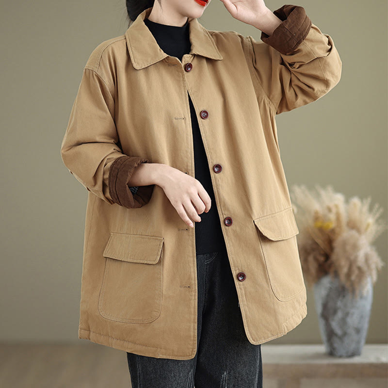 Nimara Ritual Plain Lapel Buttons Design Women's Long Sleeve Quilted Cotton Jacket With Pockets