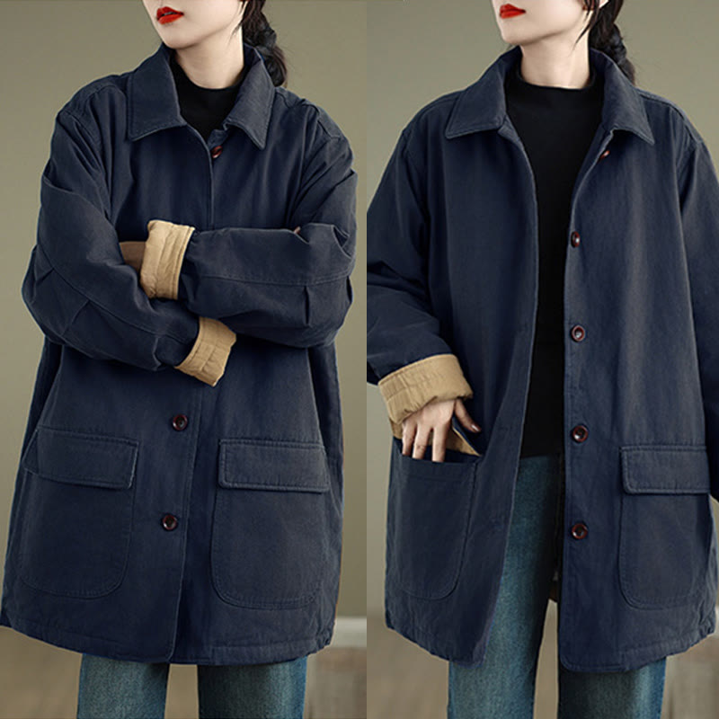 Nimara Ritual Plain Lapel Buttons Design Women's Long Sleeve Quilted Cotton Jacket With Pockets