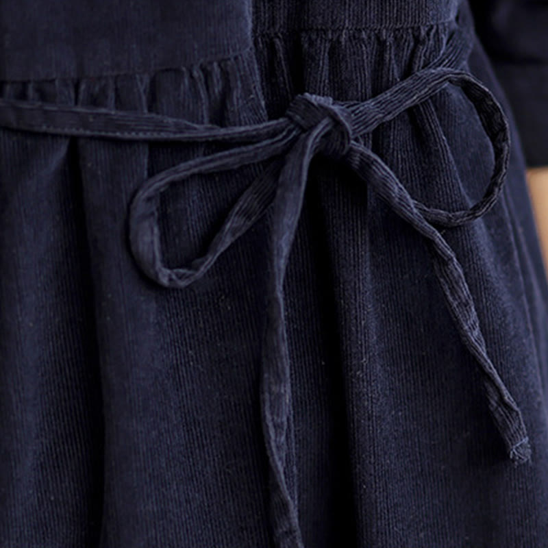Nimara Ritual Lace-Up Design Ruffled Crew Neck Cotton Corduroy Long Sleeve Midi Dress With Pockets