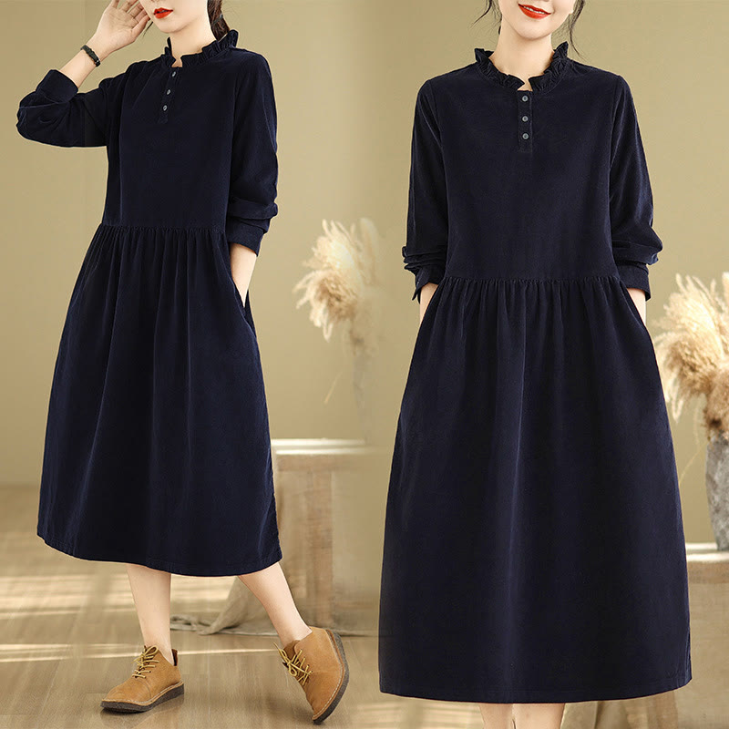 Nimara Ritual Lace-Up Design Ruffled Crew Neck Cotton Corduroy Long Sleeve Midi Dress With Pockets