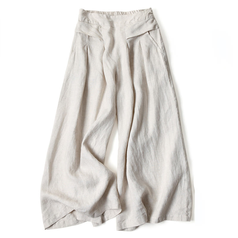 Nimara Ritual Plain Color Cotton Linen High Waist Wide Leg Pants With Pockets