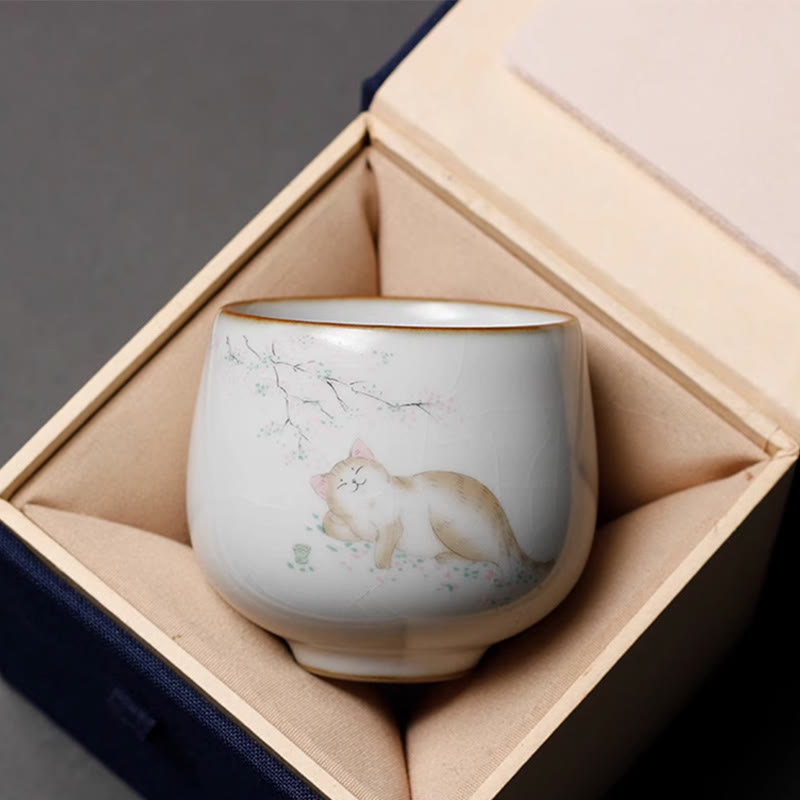 Nimara Ritual Cute Cat Branches Teacup Kung Fu Tea Cup With Gift Box