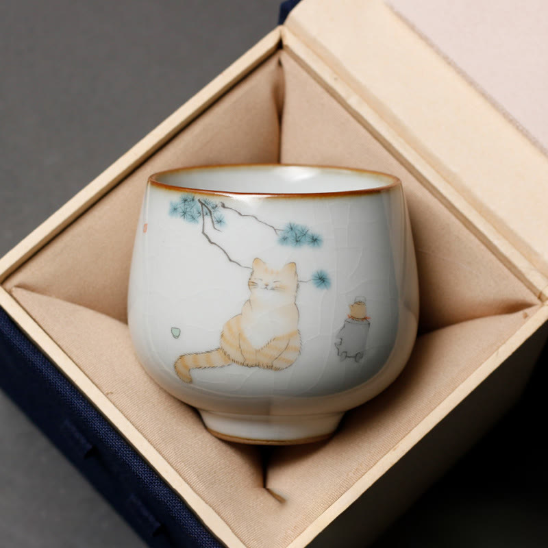 Nimara Ritual Cute Cat Branches Teacup Kung Fu Tea Cup With Gift Box
