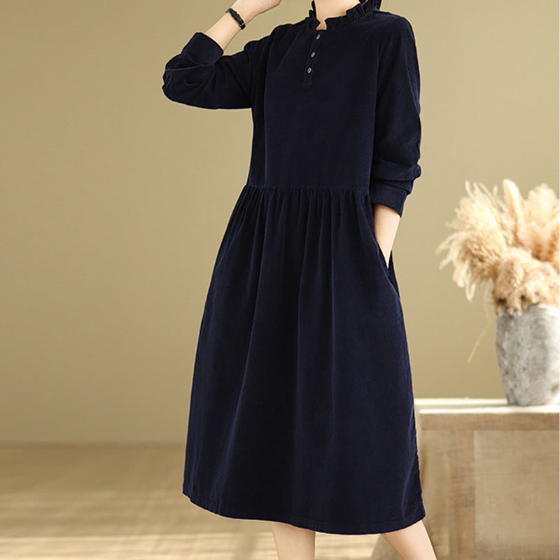 Nimara Ritual Lace-Up Design Ruffled Crew Neck Cotton Corduroy Long Sleeve Midi Dress With Pockets