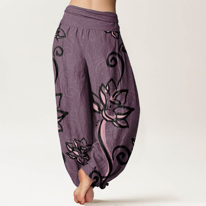Nimara Ritual Pure Cotton Casual Lotus Auspicious Clouds Design Women's Elastic Waist Harem Pants