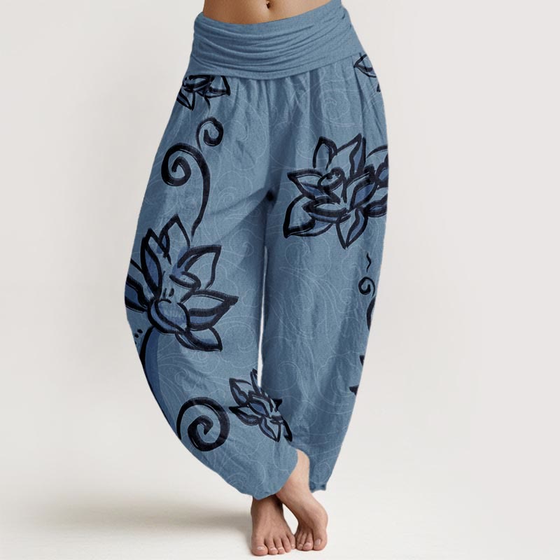 Nimara Ritual Pure Cotton Casual Lotus Auspicious Clouds Design Women's Elastic Waist Harem Pants