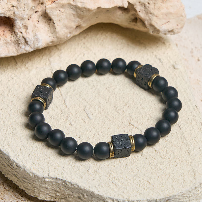 Nimara Ritual Natural Frosted Black Onyx Square Lava Rock Fortune Bracelet