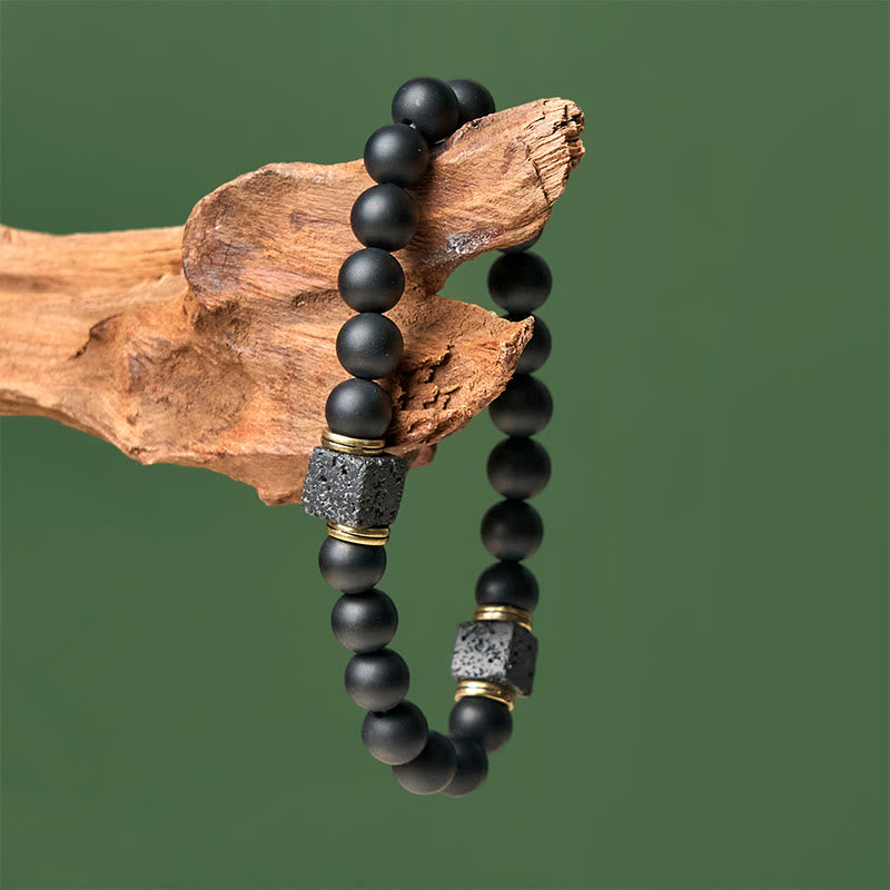 Nimara Ritual Natural Frosted Black Onyx Square Lava Rock Fortune Bracelet