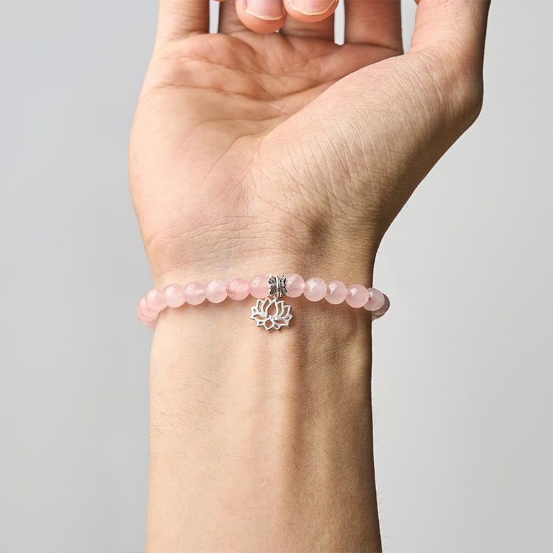 Nimara Ritual 925 Sterling Silver Lotus Design Natural Pink Crystal Soothing Bracelet
