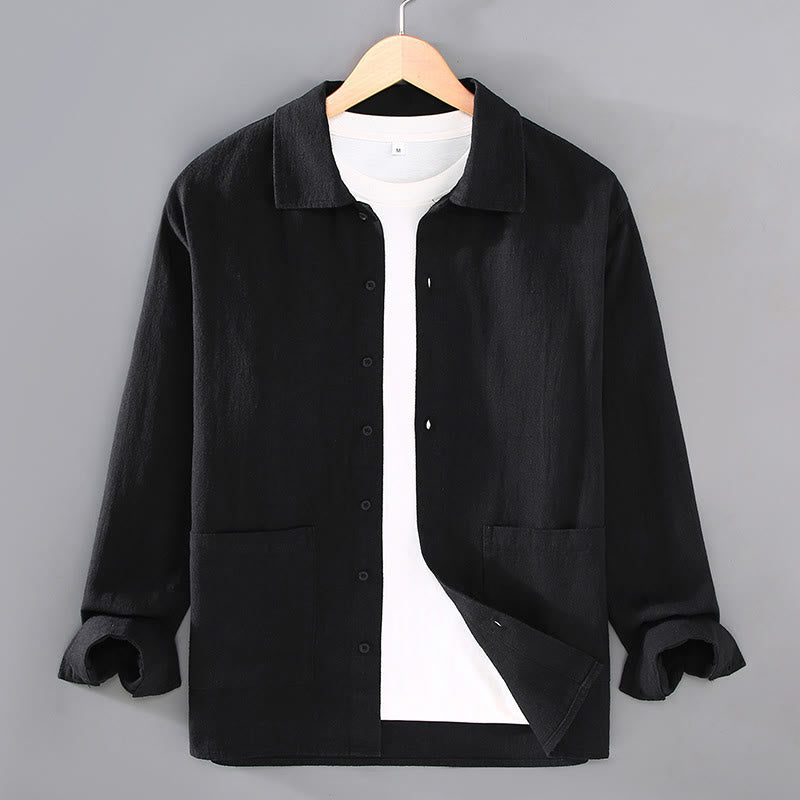 Nimara Ritual Solid Color Long Sleeve Buttons Shirt Men Ramie Cotton Clothing With Pockets