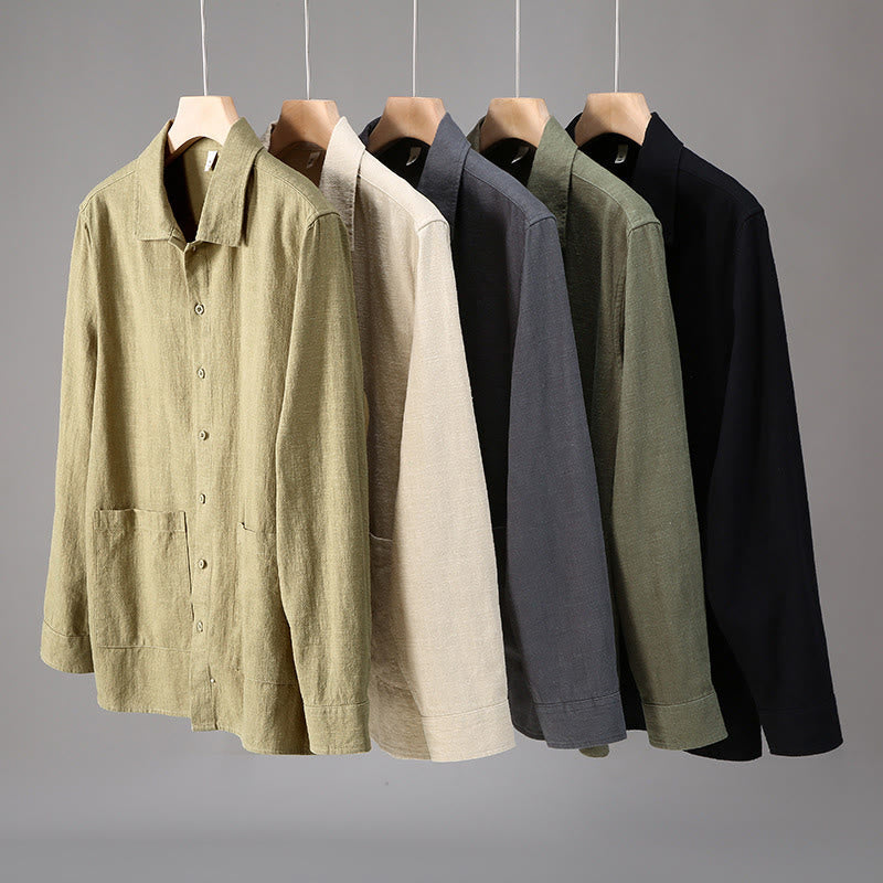 Nimara Ritual Solid Color Long Sleeve Buttons Shirt Men Ramie Cotton Clothing With Pockets