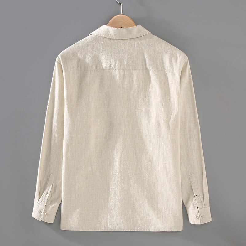 Nimara Ritual Solid Color Long Sleeve Buttons Shirt Men Ramie Cotton Clothing With Pockets