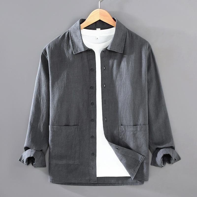 Nimara Ritual Solid Color Long Sleeve Buttons Shirt Men Ramie Cotton Clothing With Pockets