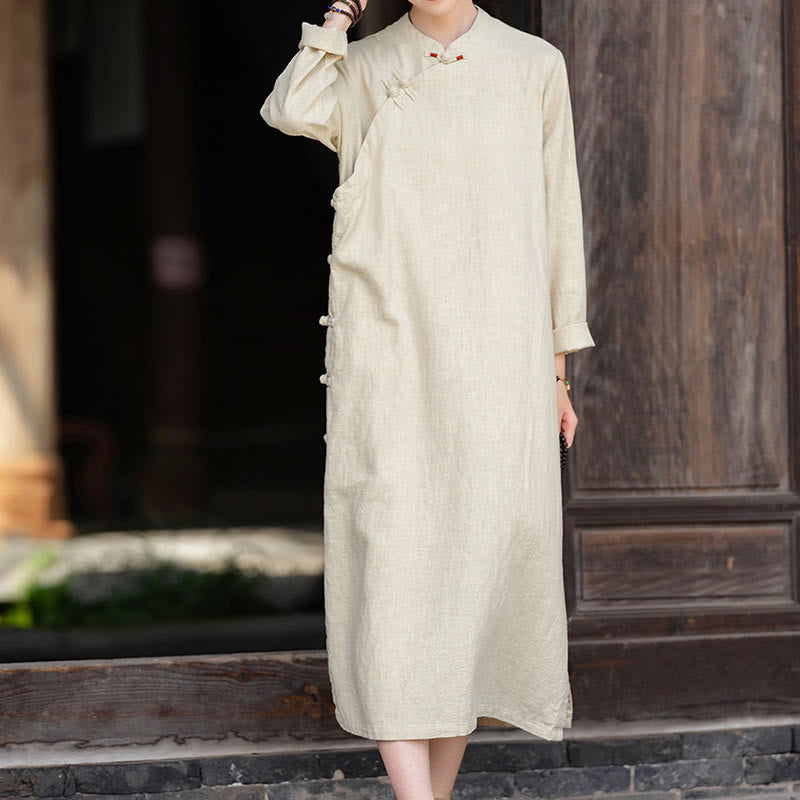 Nimara Ritual Fall Plain Chinese Frog-Button Design Cotton Linen Long Sleeve Midi Dress With Pockets