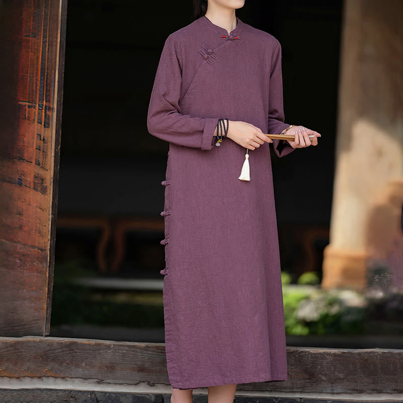 Nimara Ritual Fall Plain Chinese Frog-Button Design Cotton Linen Long Sleeve Midi Dress With Pockets