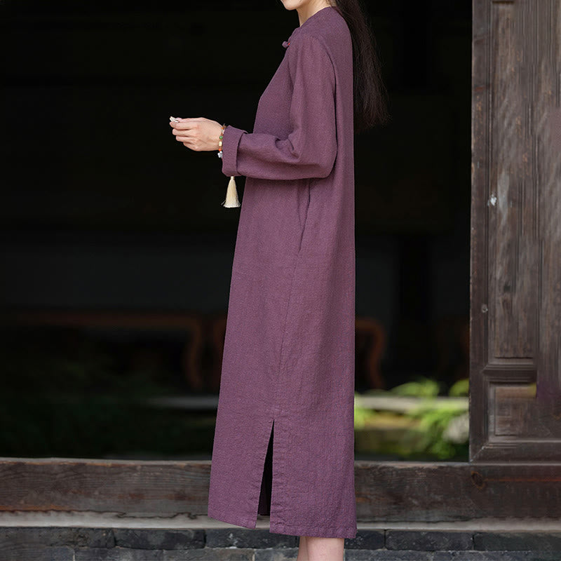 Nimara Ritual Fall Plain Chinese Frog-Button Design Cotton Linen Long Sleeve Midi Dress With Pockets