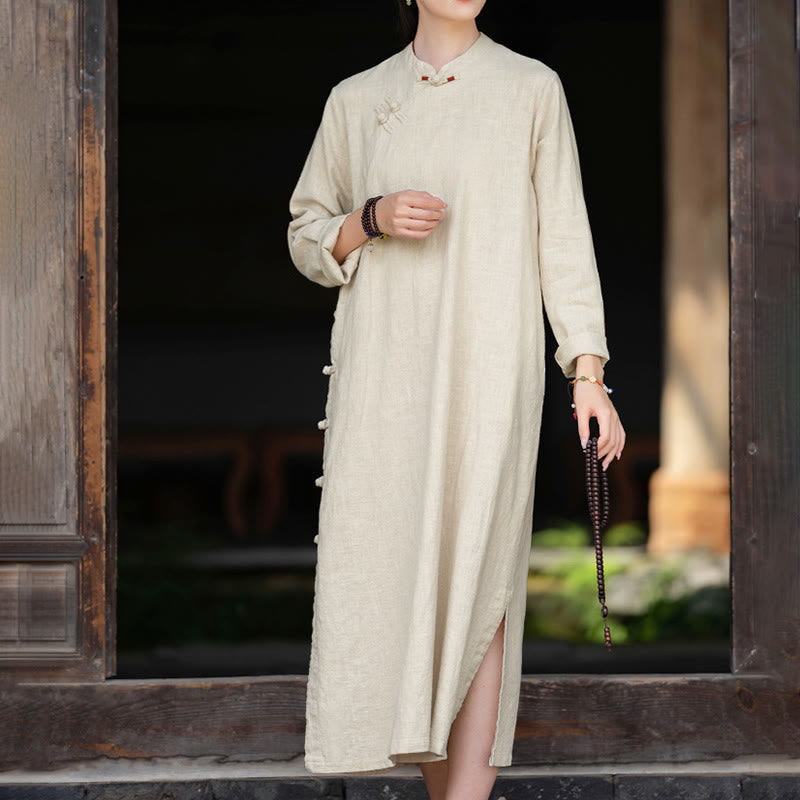 Nimara Ritual Fall Plain Chinese Frog-Button Design Cotton Linen Long Sleeve Midi Dress With Pockets
