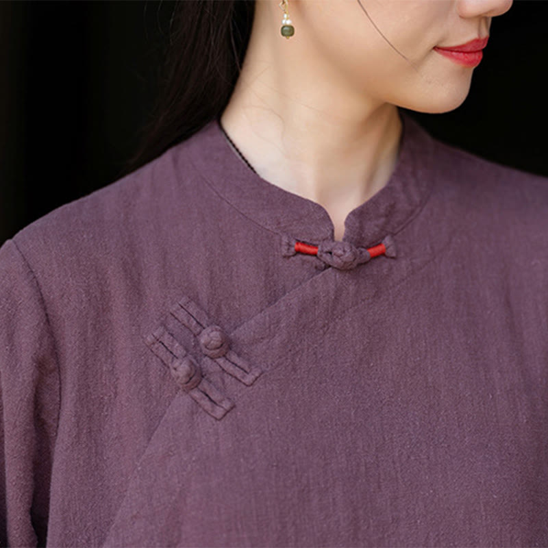 Nimara Ritual Fall Plain Chinese Frog-Button Design Cotton Linen Long Sleeve Midi Dress With Pockets
