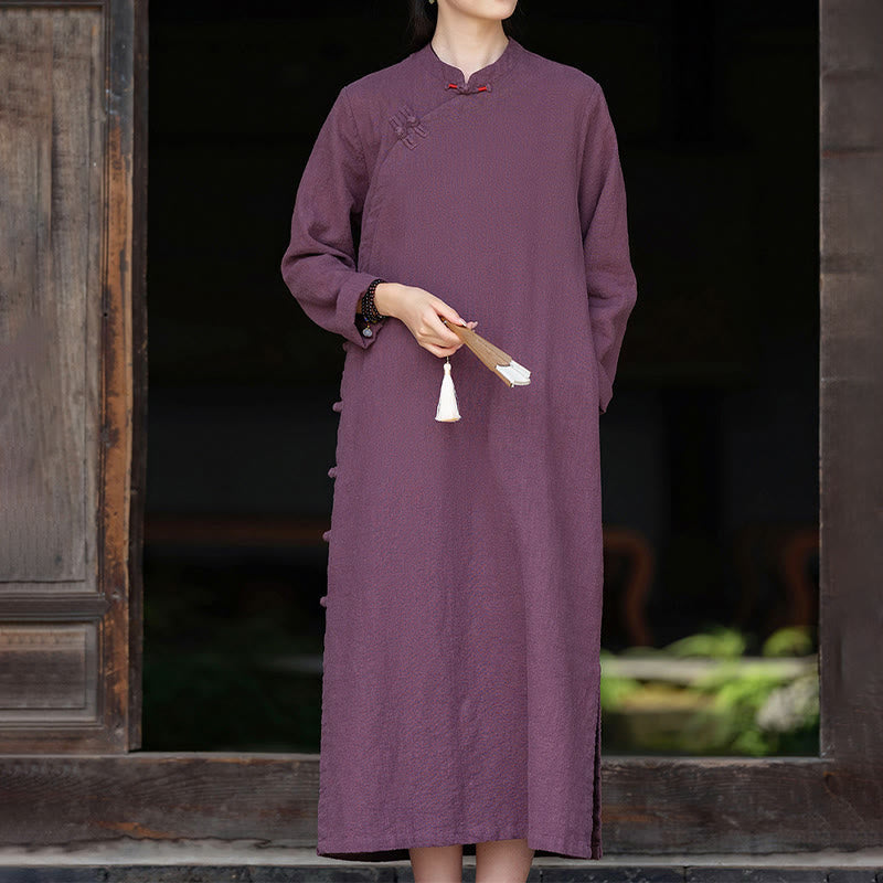 Nimara Ritual Fall Plain Chinese Frog-Button Design Cotton Linen Long Sleeve Midi Dress With Pockets