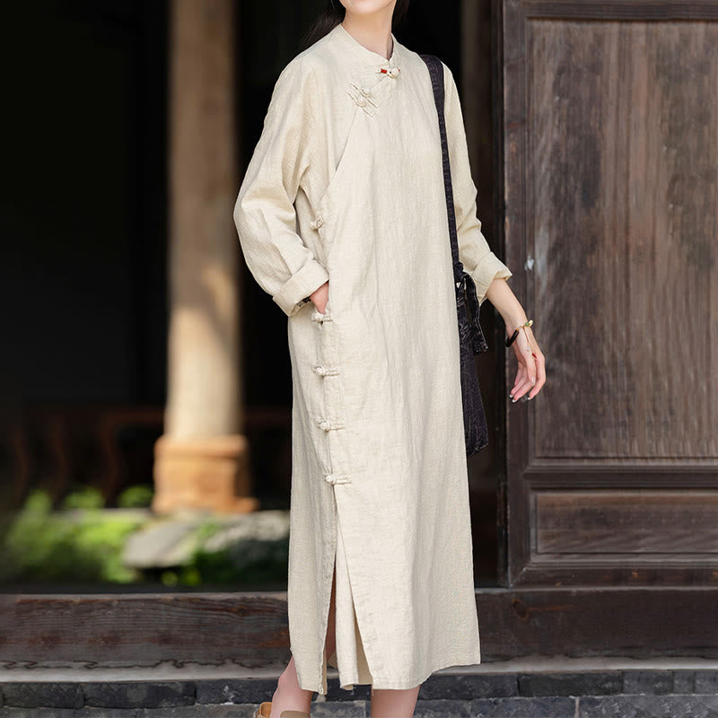 Nimara Ritual Fall Plain Chinese Frog-Button Design Cotton Linen Long Sleeve Midi Dress With Pockets