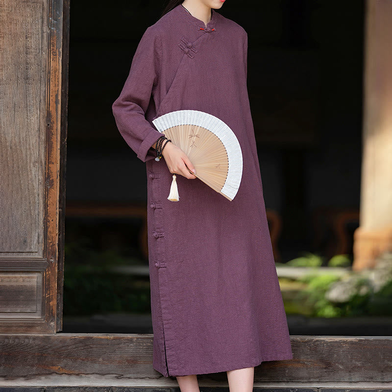 Nimara Ritual Fall Plain Chinese Frog-Button Design Cotton Linen Long Sleeve Midi Dress With Pockets