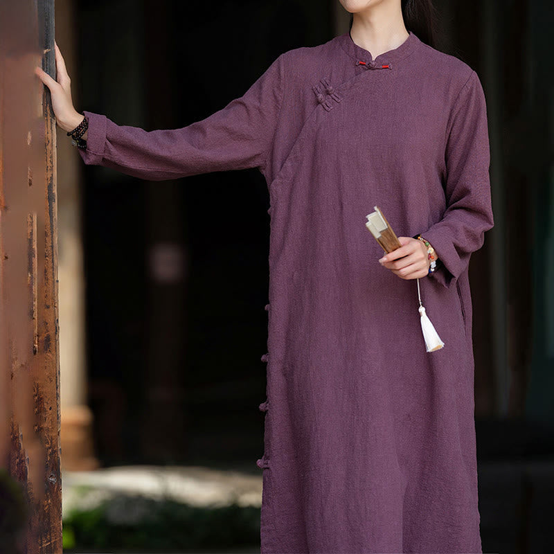Nimara Ritual Fall Plain Chinese Frog-Button Design Cotton Linen Long Sleeve Midi Dress With Pockets
