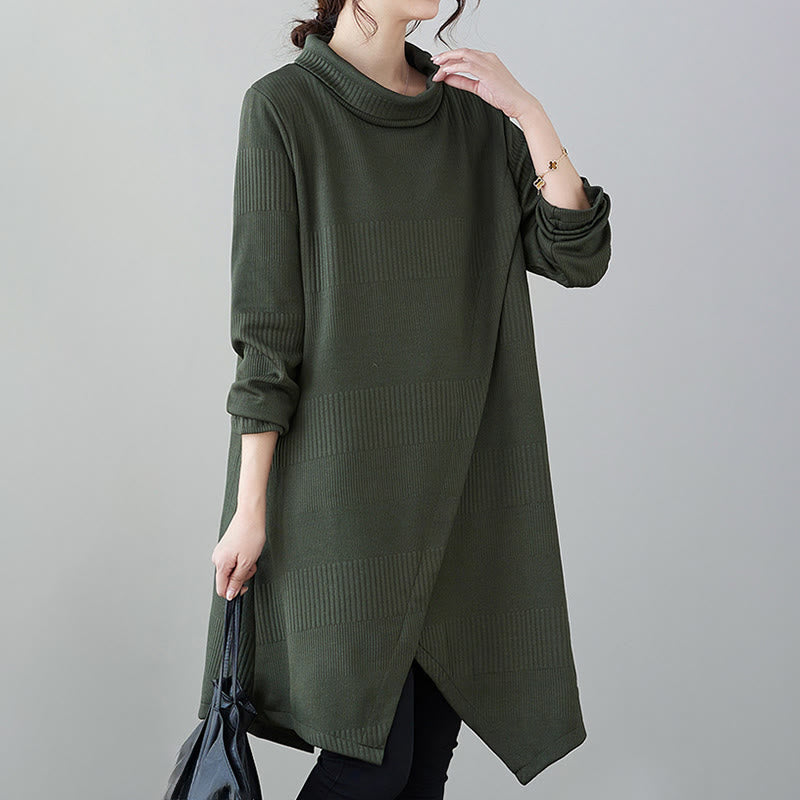 Nimara Ritual Winter Irregular Hem Design Mock Neck Long Sleeve Midi Dress With Pockets