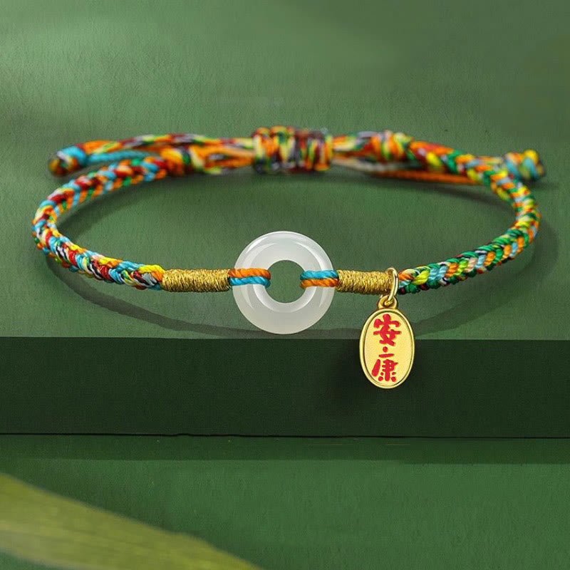 Nimara Ritual Handmade Peace Buckle Jade Prosperity 925 Sterling Silver Colorful Rope Bracelet