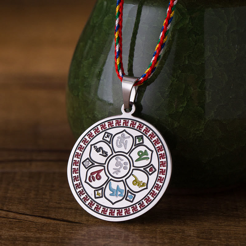 Nimara Ritual Colorful Om Mani Padme Hum Titanium Steel Protection Rope Necklace Pendant