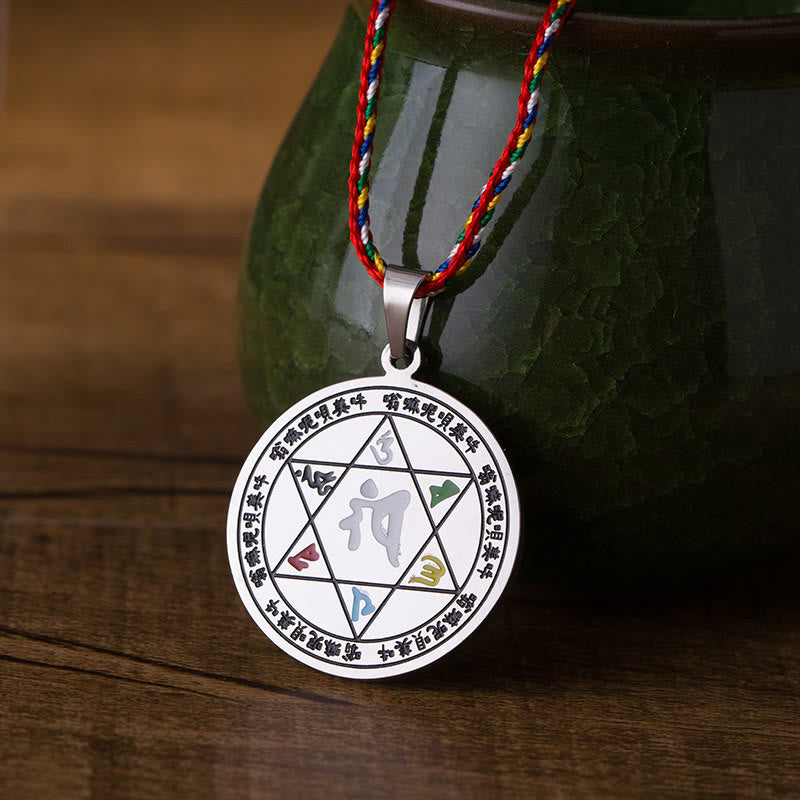 Nimara Ritual Colorful Om Mani Padme Hum Titanium Steel Protection Rope Necklace Pendant