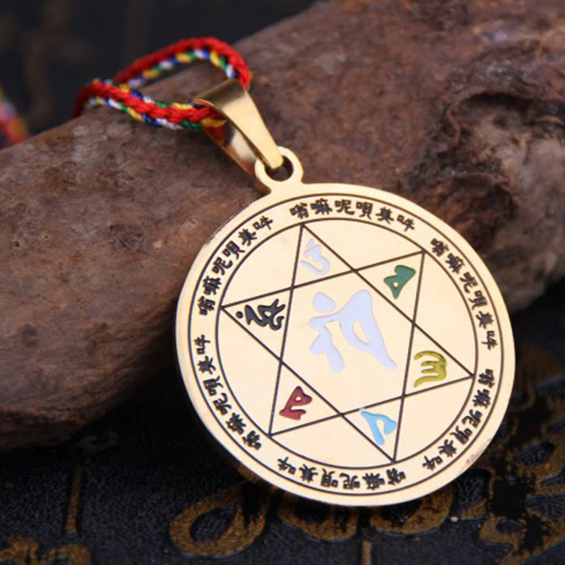 Nimara Ritual Colorful Om Mani Padme Hum Titanium Steel Protection Rope Necklace Pendant