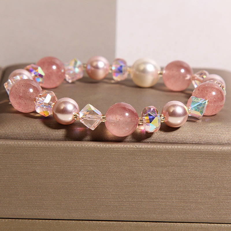 Nimara Ritual Natural Strawberry Quartz White Crystal Pearl Positive Bracelet