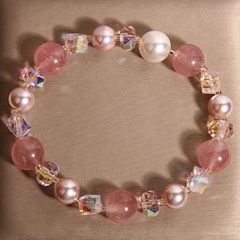 Nimara Ritual Natural Strawberry Quartz White Crystal Pearl Positive Bracelet