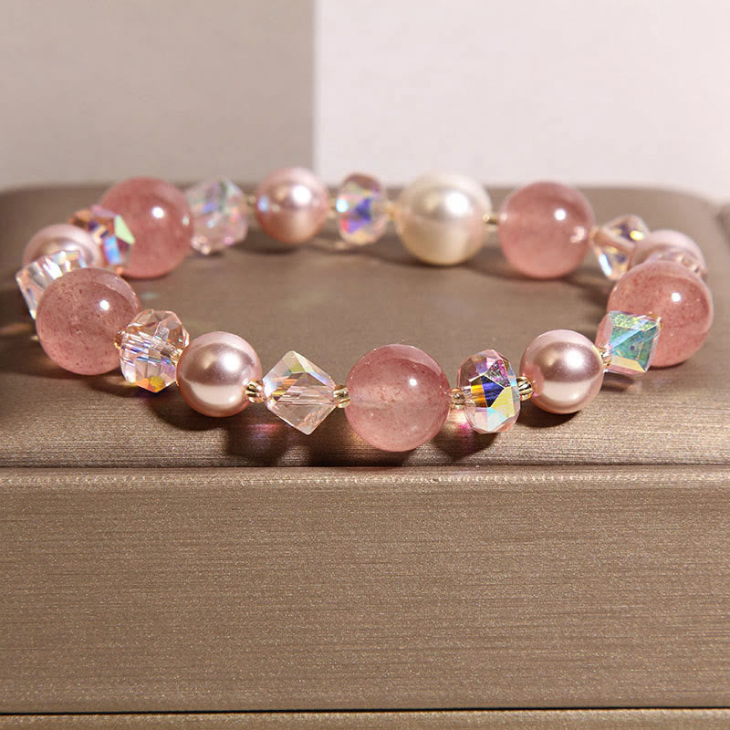 Nimara Ritual Natural Strawberry Quartz White Crystal Pearl Positive Bracelet