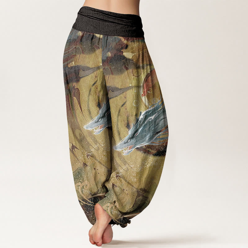 Nimara Ritual Pure Cotton Dragon Auspicious Clouds Pattern Women's Elastic Waist Harem Pants