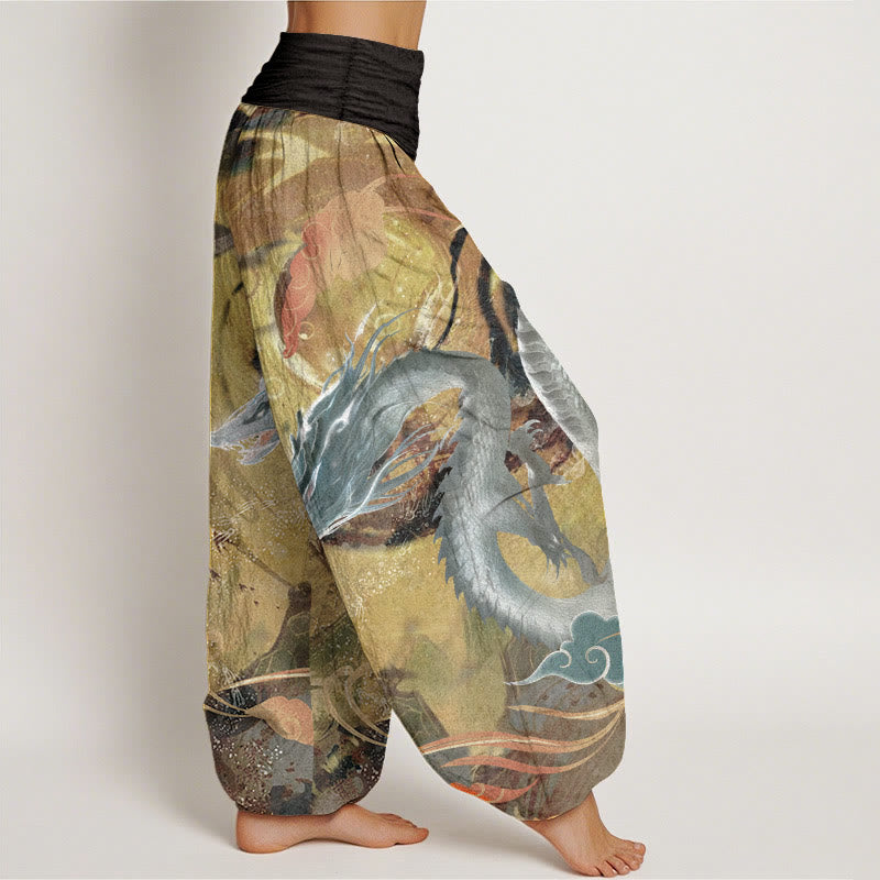 Nimara Ritual Pure Cotton Dragon Auspicious Clouds Pattern Women's Elastic Waist Harem Pants