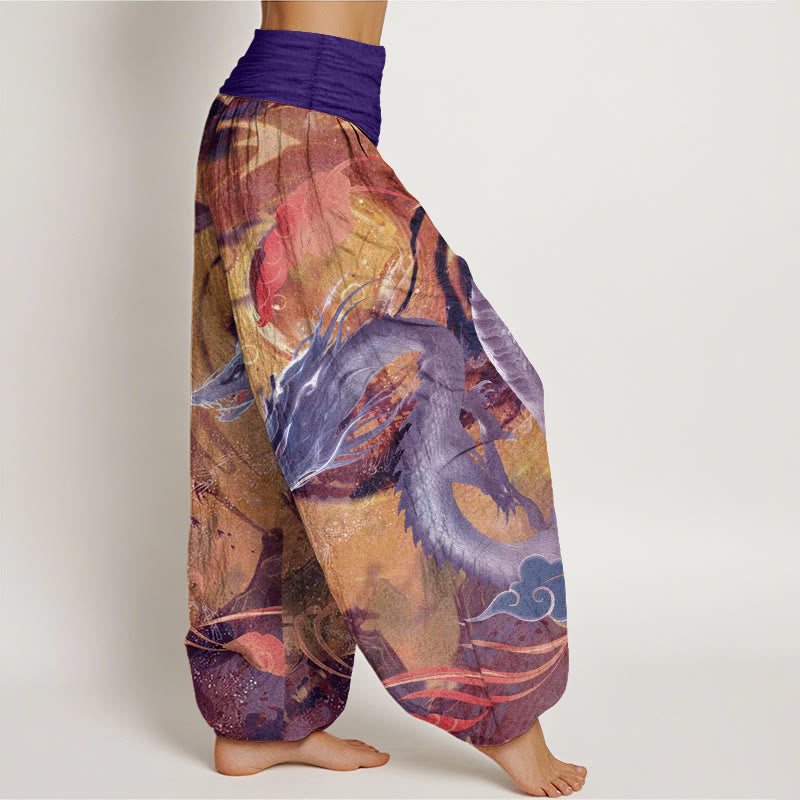 Nimara Ritual Pure Cotton Dragon Auspicious Clouds Pattern Women's Elastic Waist Harem Pants