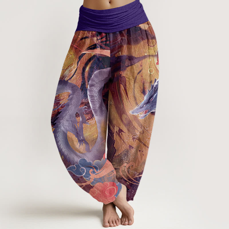 Nimara Ritual Pure Cotton Dragon Auspicious Clouds Pattern Women's Elastic Waist Harem Pants