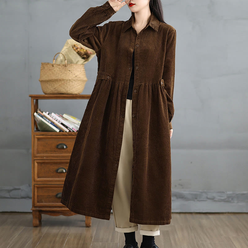 Nimara Ritual Plain Buttons Long Sleeve Women's Cotton Corduroy Coat With Pockets