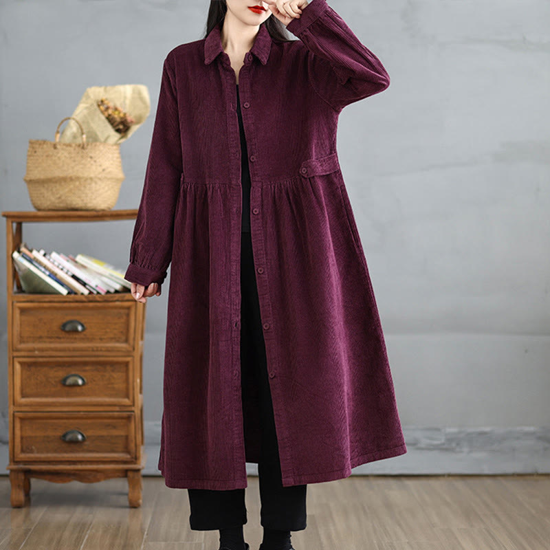 Nimara Ritual Plain Buttons Long Sleeve Women's Cotton Corduroy Coat With Pockets