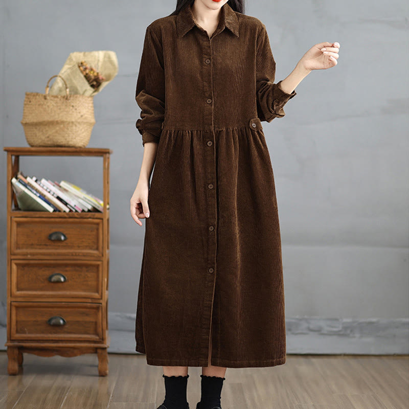 Nimara Ritual Plain Buttons Long Sleeve Women's Cotton Corduroy Coat With Pockets