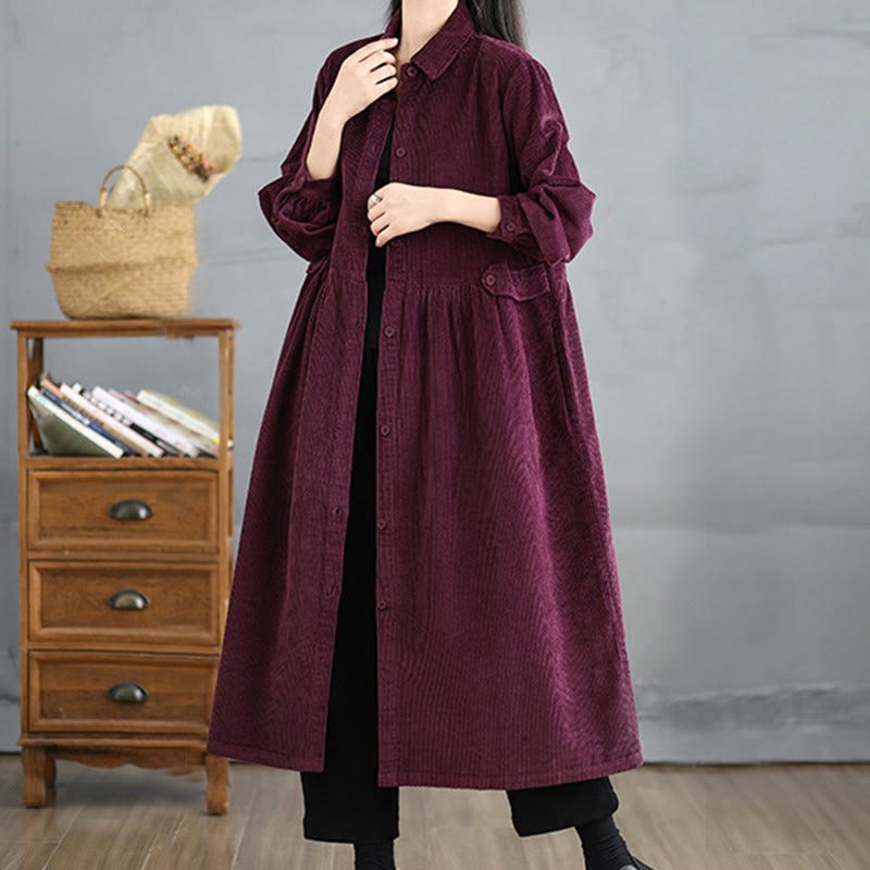 Nimara Ritual Plain Buttons Long Sleeve Women's Cotton Corduroy Coat With Pockets