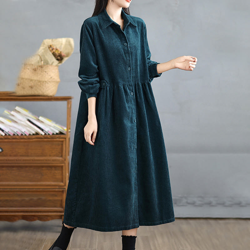 Nimara Ritual Plain Buttons Long Sleeve Women's Cotton Corduroy Coat With Pockets
